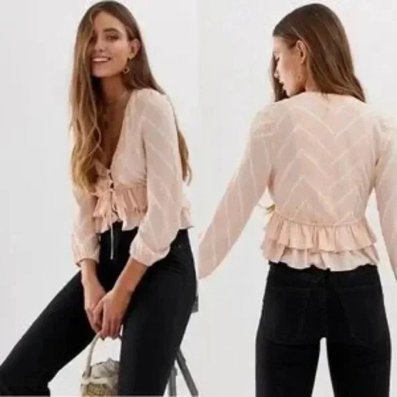 Free People Samifran Long Sleeve Petal Combo Peach Ruffle Top Women Size L - Picture 2 of 15